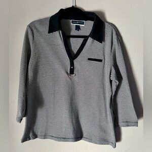 Karen Scott black and white striped  polo vneck tee in size Large
